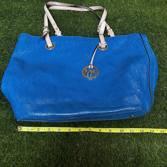 Michael Kors Blue Patent Leather Monogram Tote Bag MK Logo Gold Hardware Large - Picture 3 of 9